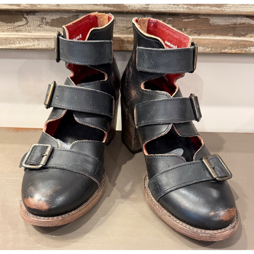 Freebird by Steven Charlotte Black Distressed Leather Multi Strap Buckle Boot 8